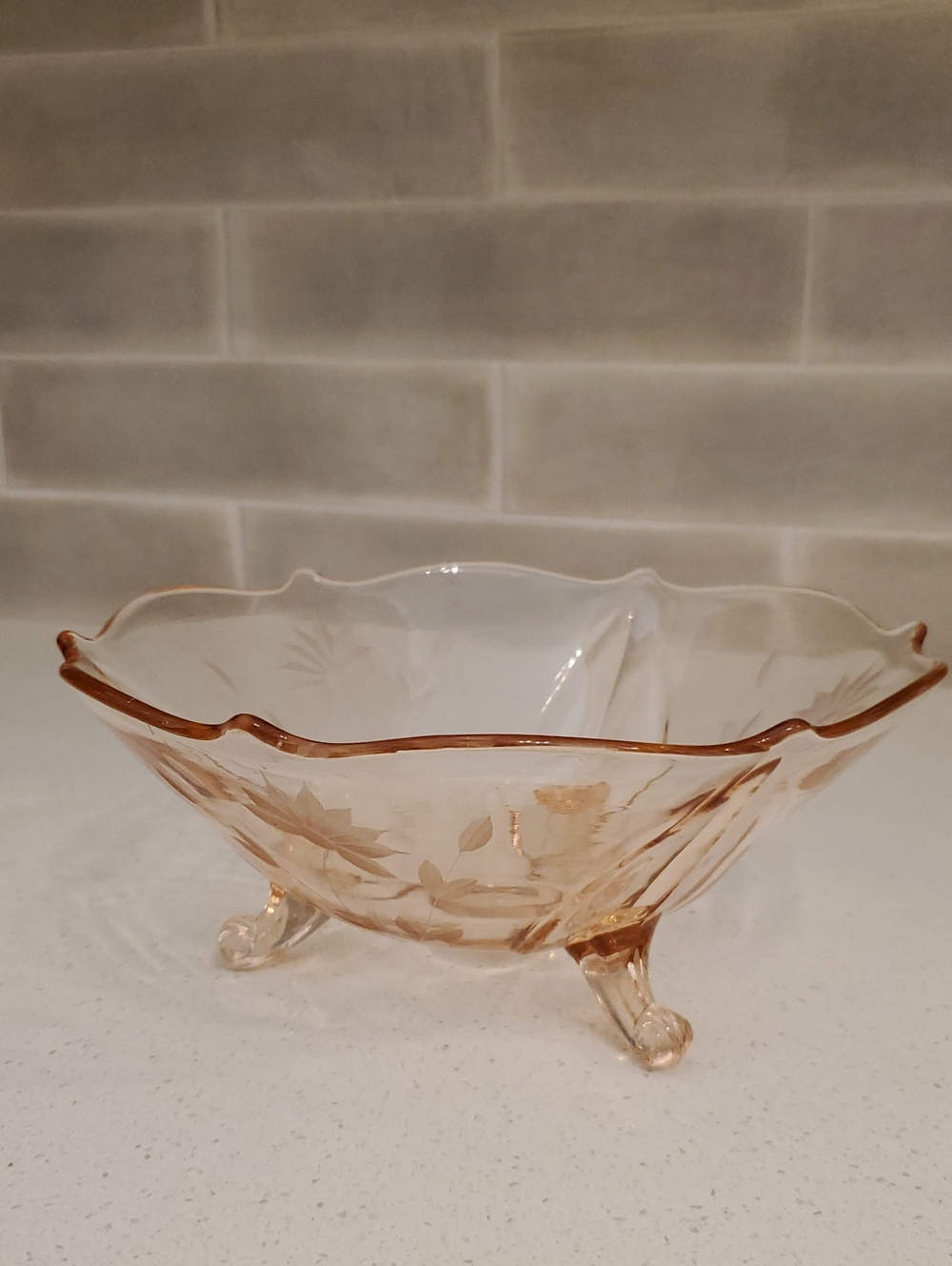 VintagePink Depression Glass 3-Footed Bowl with Etched Flowers